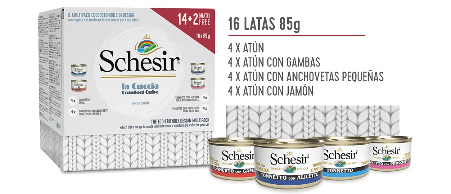 caja y latas de comida schesir para gatos