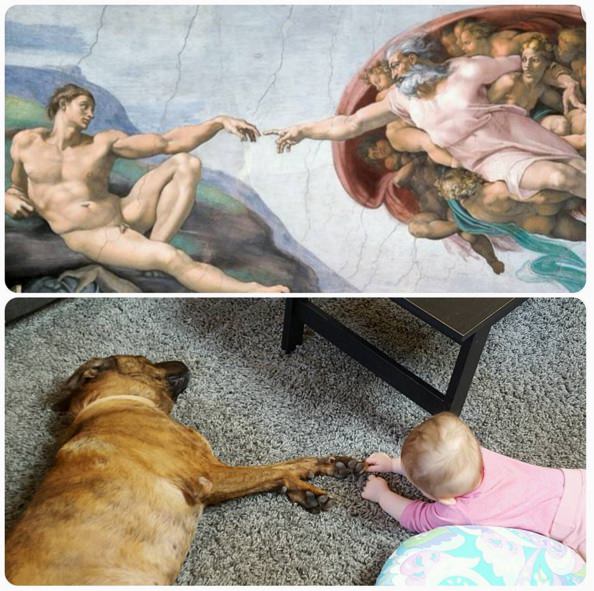 perro y bebe obra de arte