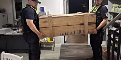 2 Männer tragen große Holzkiste