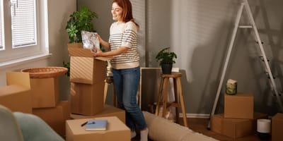 Frau findet Buch in Umzugskartons