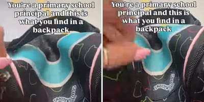 Direktorin öffnet den Schüler-Rucksack