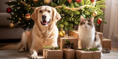 Hund und Katze vor Weihnachtsbaum