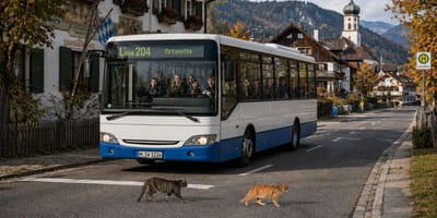 Katzen überqueren vor einem Bus die Straße