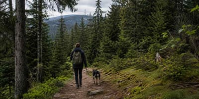 Mann mit Hund im Wald