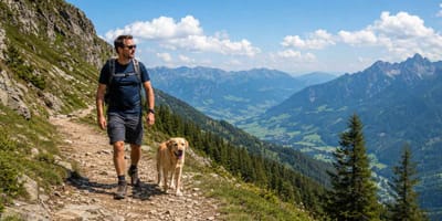 Mann mit Hund bei Bergwanderung