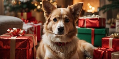 AI image of dog sitting by presents infront of Christmas tree