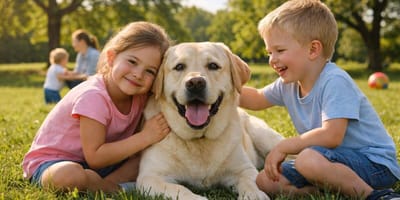 Are Labradors good with kids: Children sitting with labrador