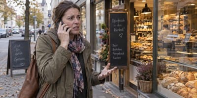 Aufgeregte Frau vor Bäckerei