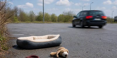 Une voiture s'enfuit, des accessoires pour chien gisent sur la route