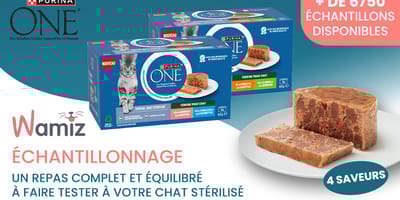 Bannière de la campagne de test produit Wamiz pour les terrines Purina ONE Spécial Chat Stérilisé.