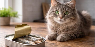 Can cats eat sardines: Cat sitting on table with sardine tin