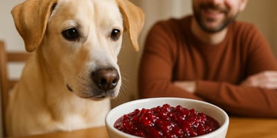 Can dogs eat cranberry sauce: dog look at cranberry sauce on table