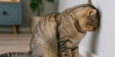 Cat head pressing: cat pressing head against wall