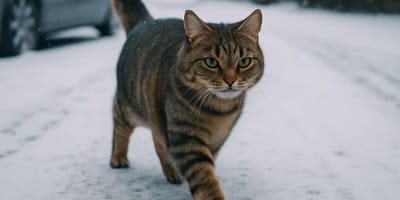 Cat walking in the snow