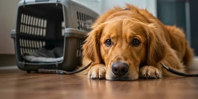 Chien allongé au sol devant sa caisse de transport, l’air fatigué et abattu