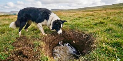 Chien de berger noir et blanc observant une brebis coincée au fond d’un trou dans un champ