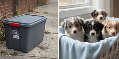 Australische Herder puppy's gedumpt in een vuilnisbak