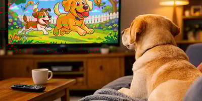Do dogs watch TV: Labrador watching cartoon on TV