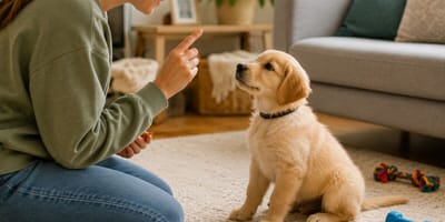 Dog owner training labrador puppy using ZigZag ap