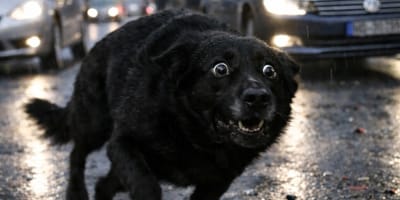 Perro oscuro huye presa del pánico