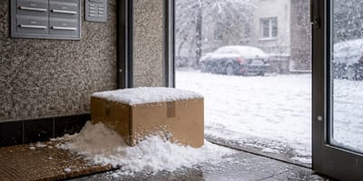 Eingeschneiter Karton im Hauseingang