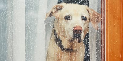 Einsamer Hund schaut aus dem Fenster
