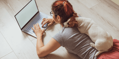donna in smart working con un Jack Russell disteso sulla schiena