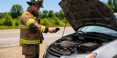 Feuerwehrmann mit Handy vor einem Auto