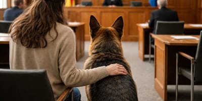 Frau mit Hund neben sich im Gerichtssaal
