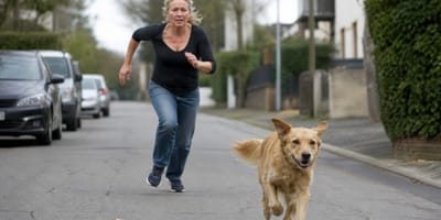 Frau rennt hinter Hund her