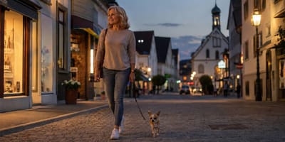 Frauchen spaziert mit Chihuahua durch die Stadt