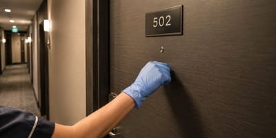 Hand einer Putzfrau klopft an Hotelzimmer