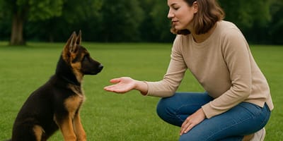 How long does it take to train a puppy? Woman training GS puppy