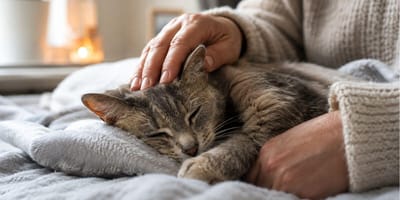 How to prepare for a cat’s death: owner stroking cat on lap