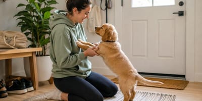 How to train your puppy not to jump up: woman with puppy jumping up