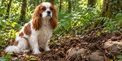 Hündin bewacht Stelle im Wald