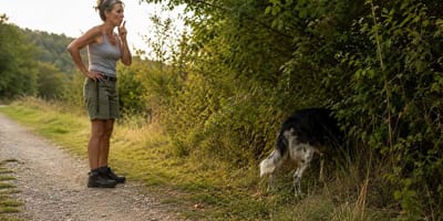 Hund schnüffelt in einem Gebüsch