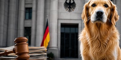 Hund vor einem deutschen Gerichtsgebäude