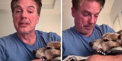 John Barrowman holding dog who passed away