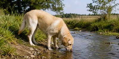 Labrador trinkt aus Bach