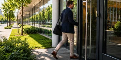 Mann betritt Firmengebäude