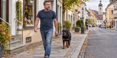 Mann geht mit Rollweiler durch die Stadt