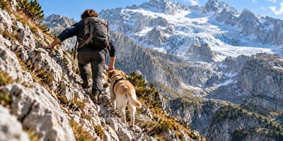 Mann  mit Labrador beim Bergsteigen