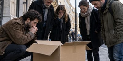 Menschen schauen in offenen Karton