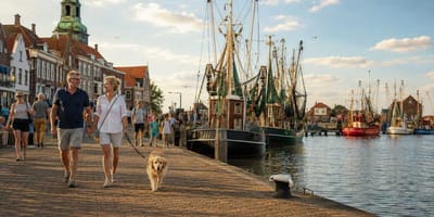 Paar mit Hund im Hafen