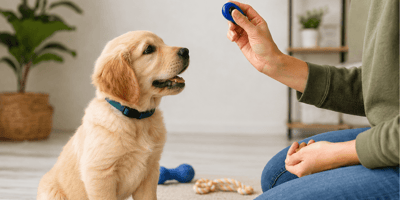 Puppy training with a clicker: Labrador puppy being clicker trained