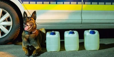 Chien de berger devant les bidons saisis