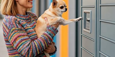 Woman and dog infront of locker