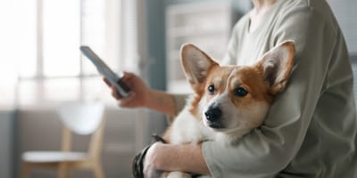 Telefonierende Frau hat Hund auf dem Arm