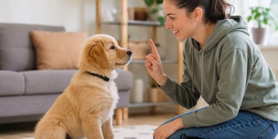 Training your 12-14 week old puppy: Woman training puppy